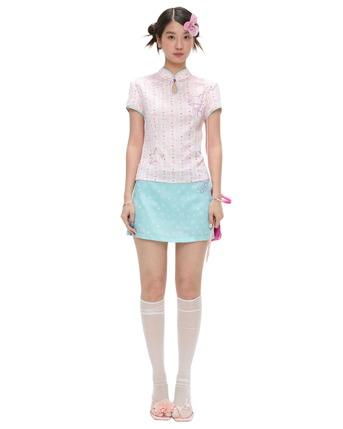 Mint Green Chinese-Style Outfit Set On Model White Backdrop