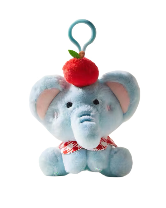 Plush Blue Elephant Keychain Sitting White Backdrop