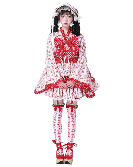Person wearing a red and white polka dot outfit with matching shoes on a white background