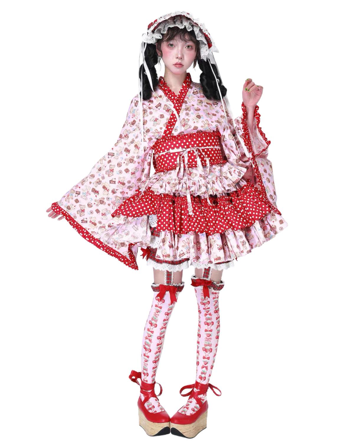 Person wearing a red and white polka dot outfit with matching shoes on a white background
