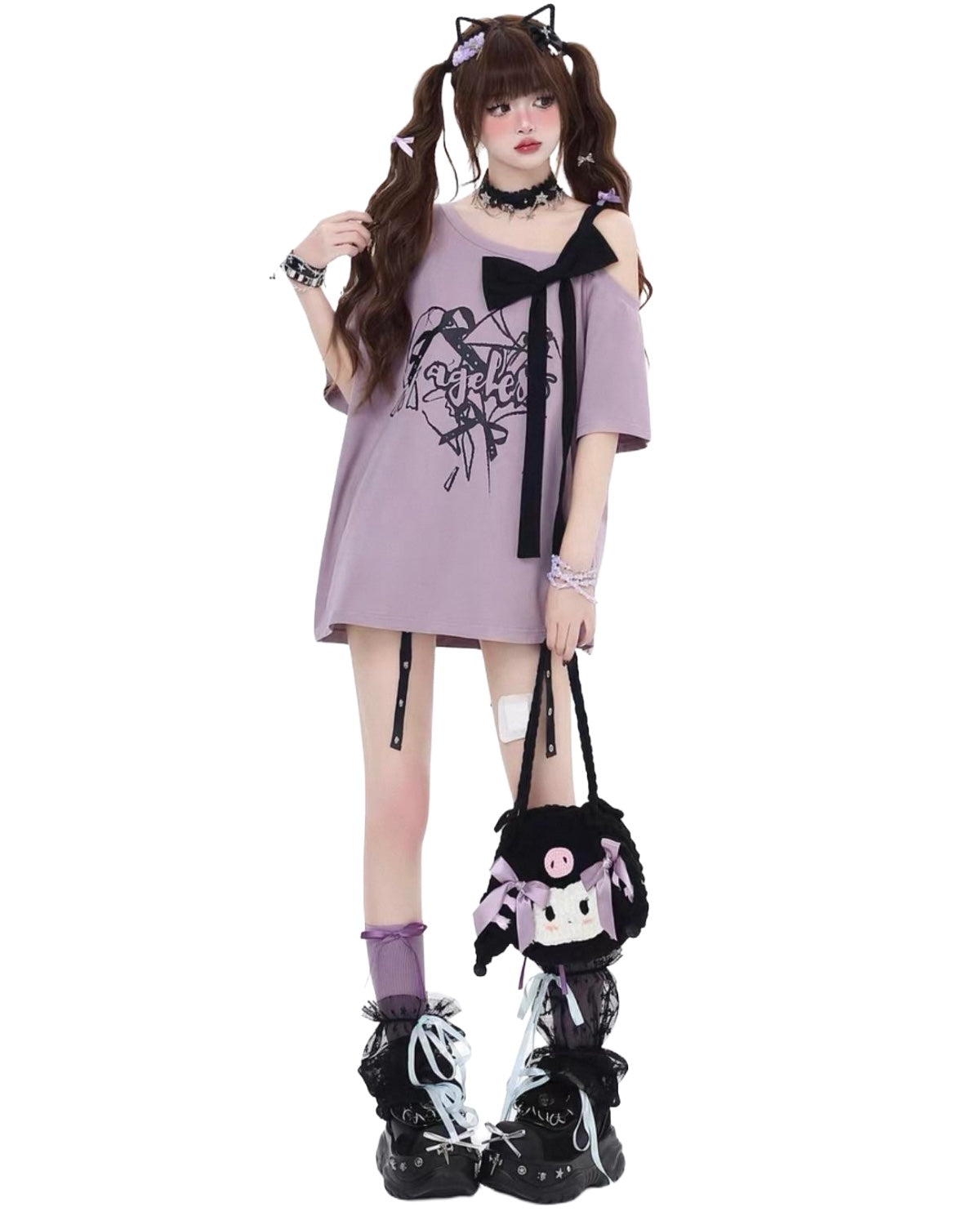 Bow Off-Shoulder Tops Purple White Backdrop