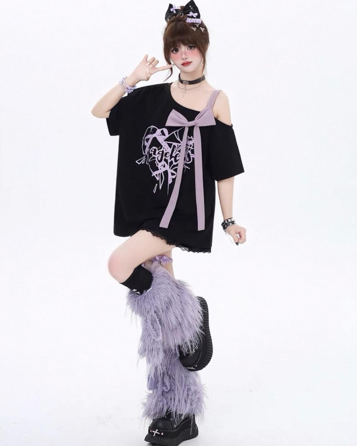 Bow Off-Shoulder Tops Black Posing