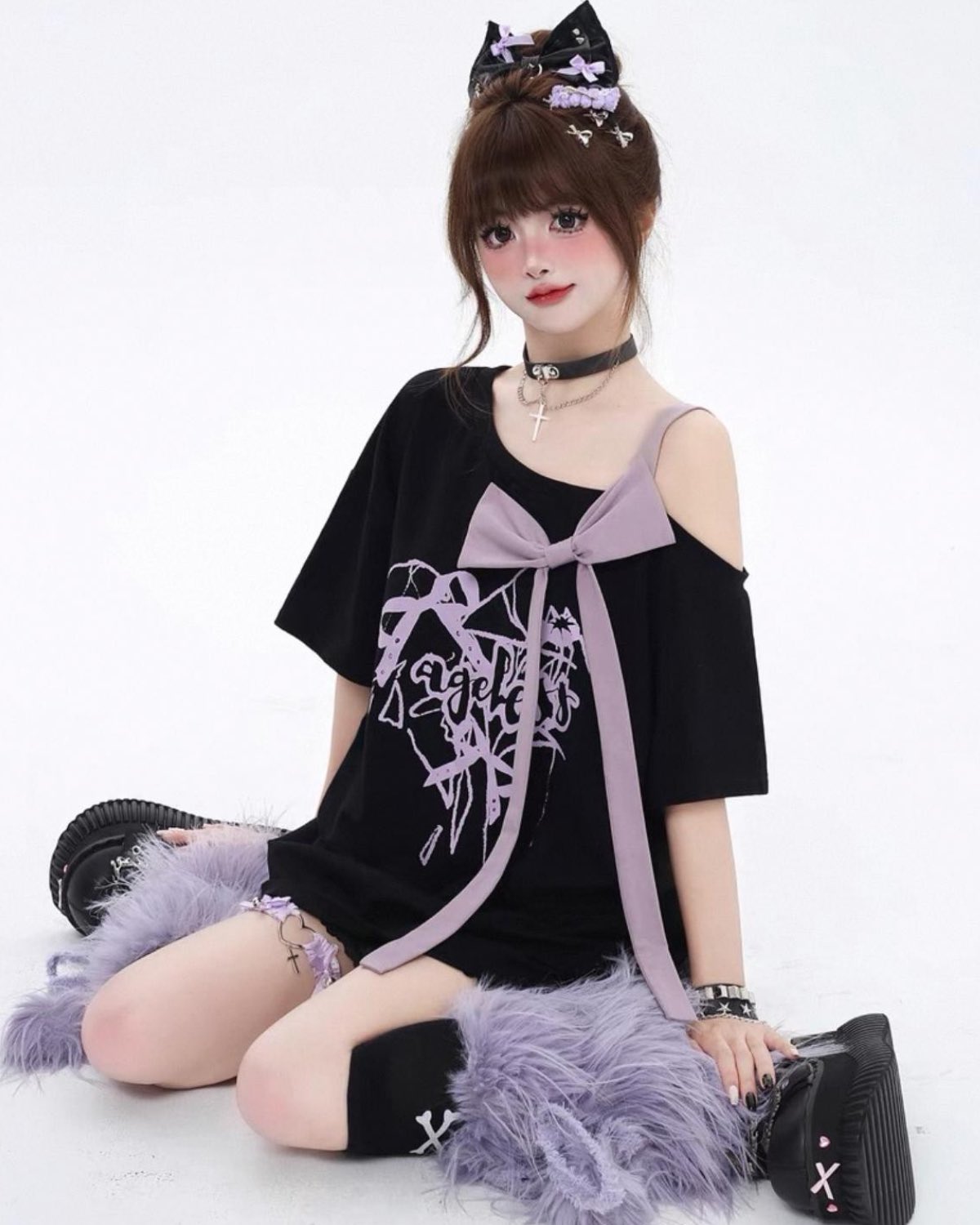 Bow Off-Shoulder Tops Black On Model