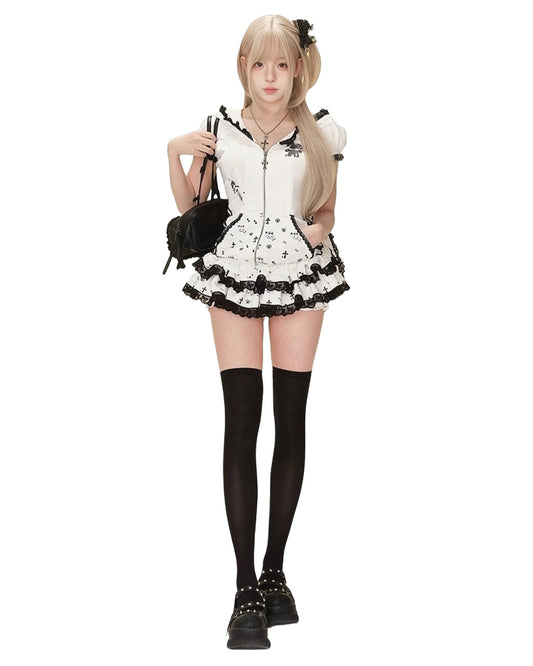 Bunny Ear Hoodie & Lace Skirt Set White Backdrop