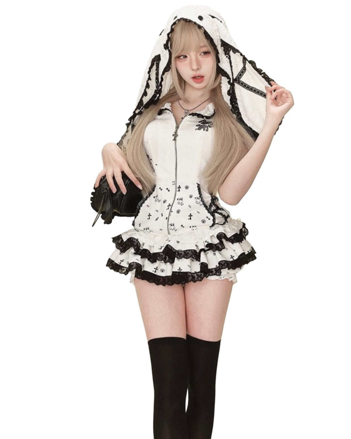 Bunny Ear Hoodie & Lace Skirt Set Hood Up