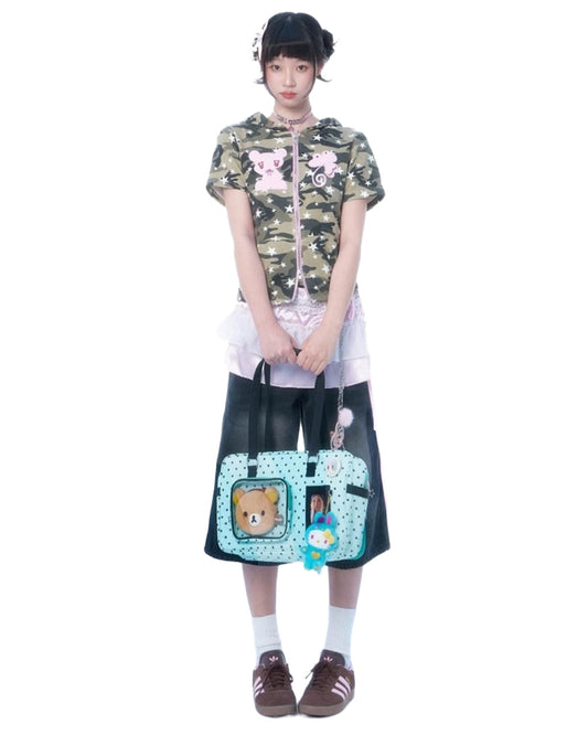 Camouflage Cartoon Zip-Up With Blue Teddy Bag