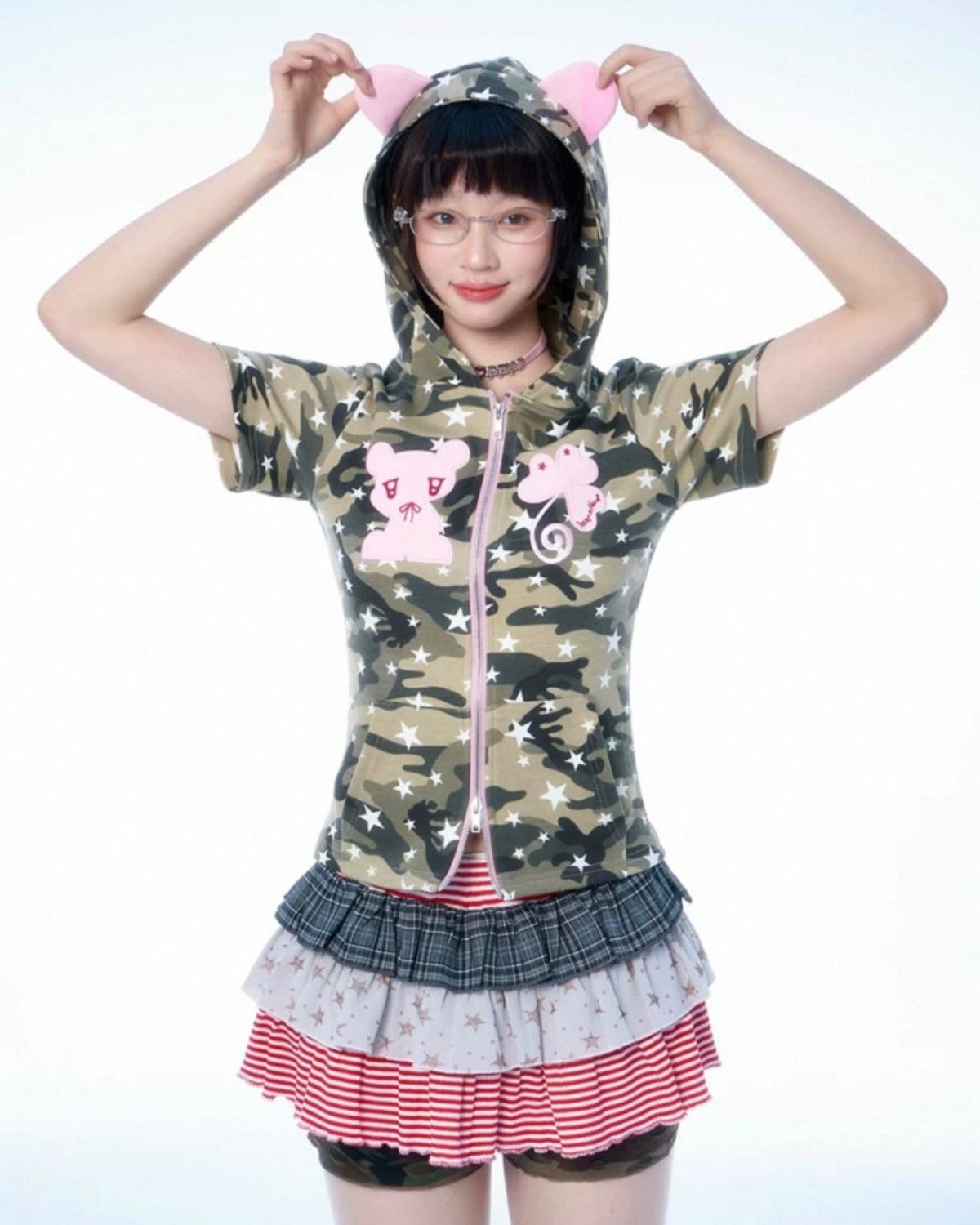 Camouflage Cartoon Zip-Up Hood Up Closer Up Ears Up