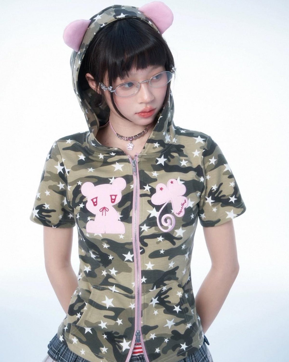 Camouflage Cartoon Zip-Up On Model Closer Up