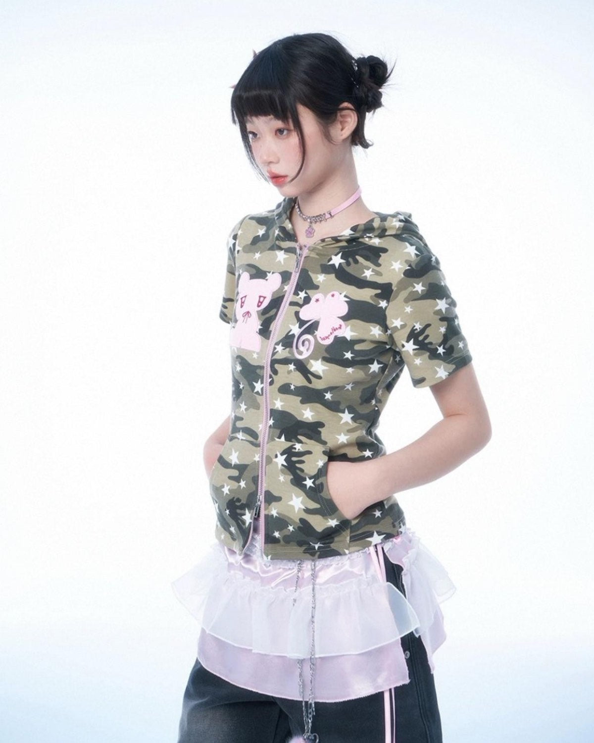Camouflage Cartoon Zip-Up On Model Quarter View