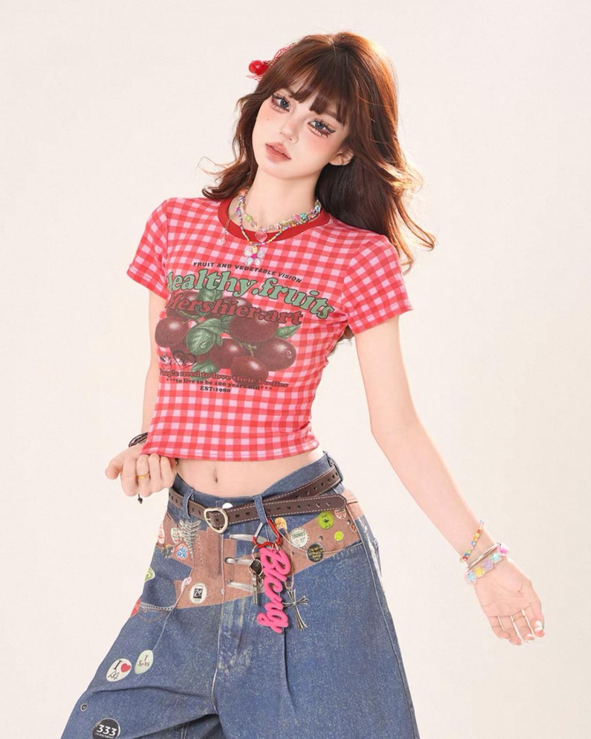 Cherry Print Baby Tee On Model In Motion