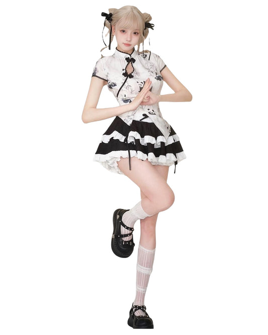 Chinese-Style Panda Outfit Set On Model Posing