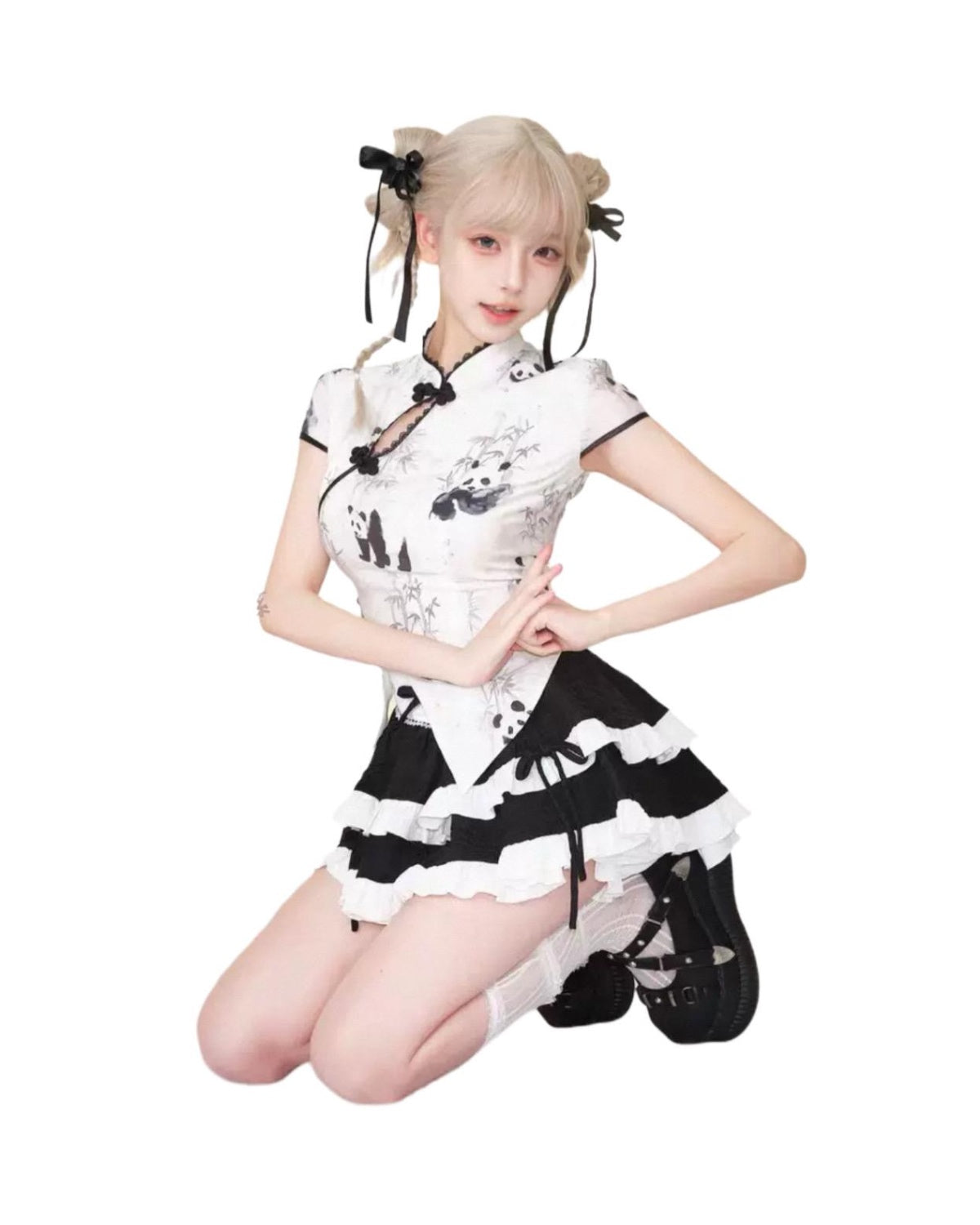 Chinese-Style Panda Outfit Set On Model Kneeling