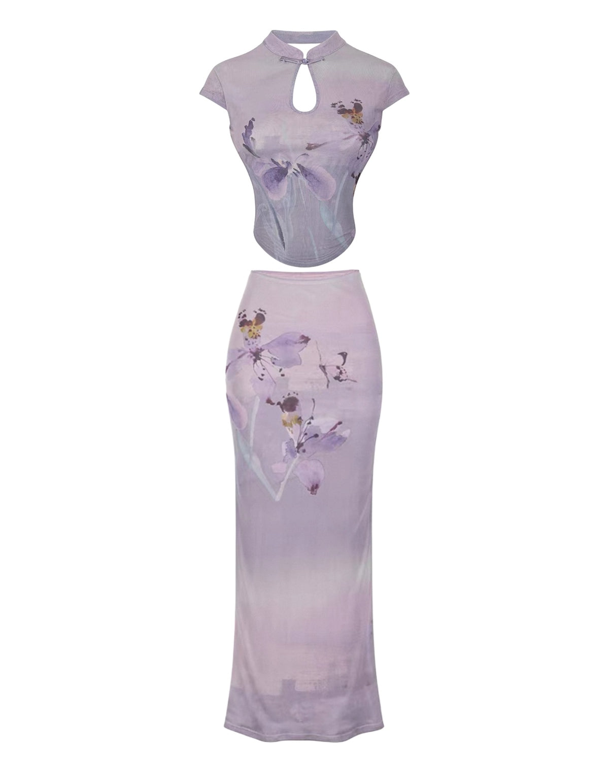 Purple floral dress set on a white background