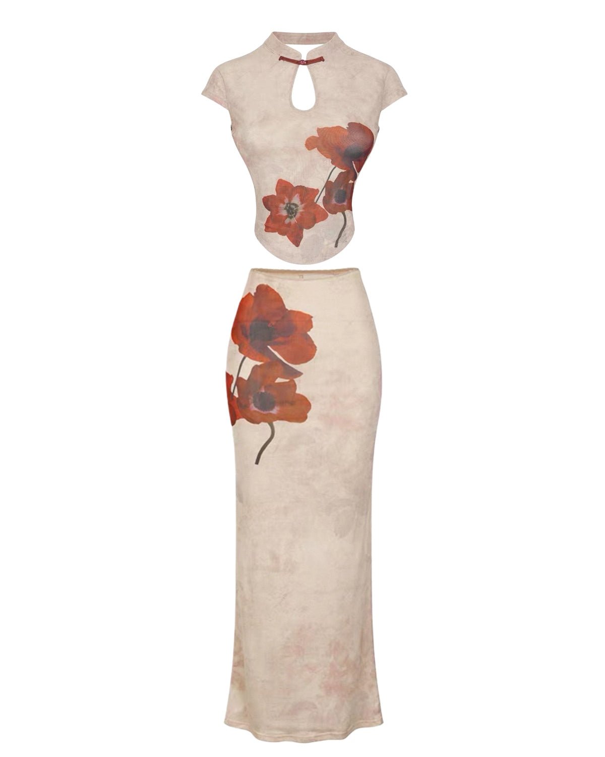 Beige dress with floral patterns on a white background