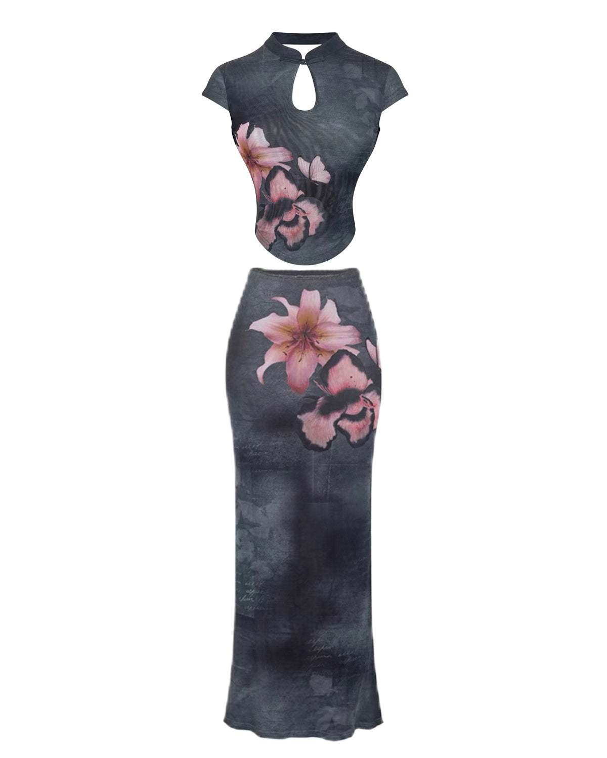 Floral dress set with top and skirt on a white background
