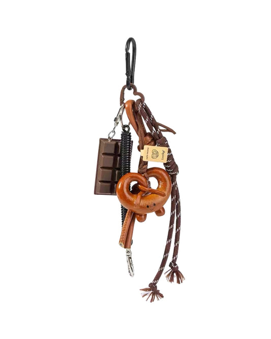 Keychain with chocolate bar and pretzel design on a white background