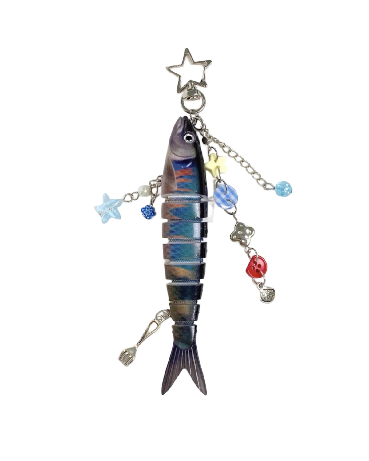 Decorative fish charm with star and colorful beads on a white background