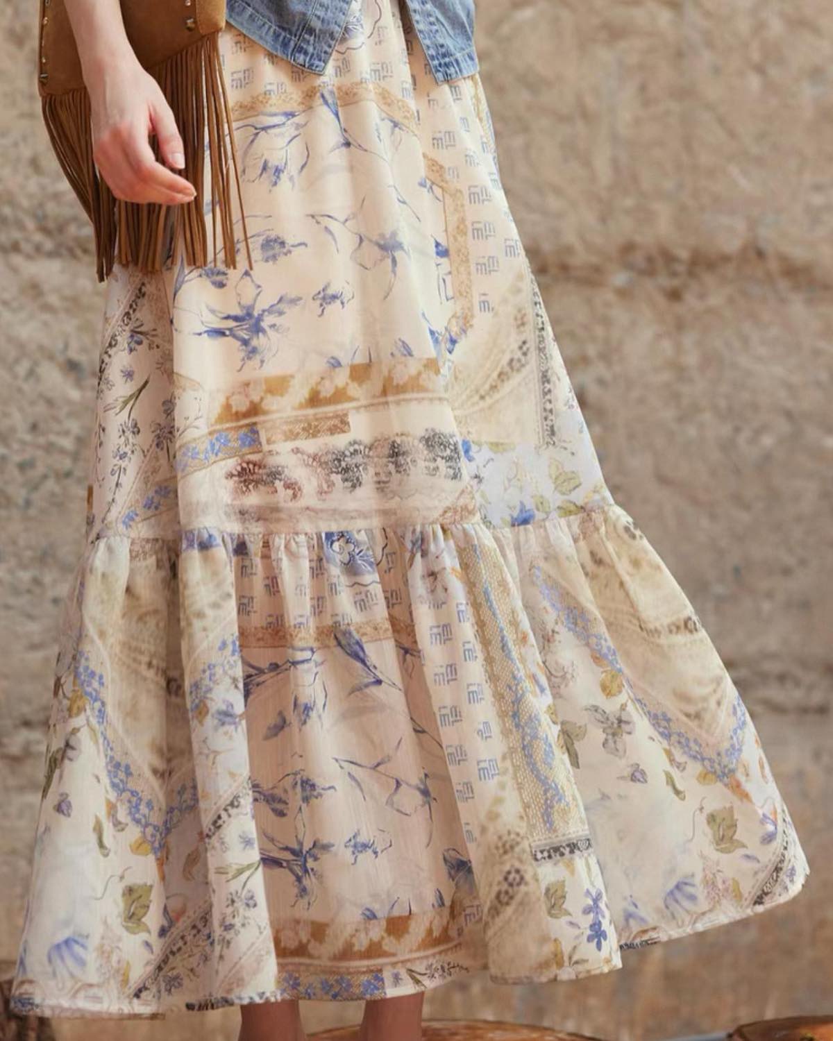 Long floral dress details with a textured background