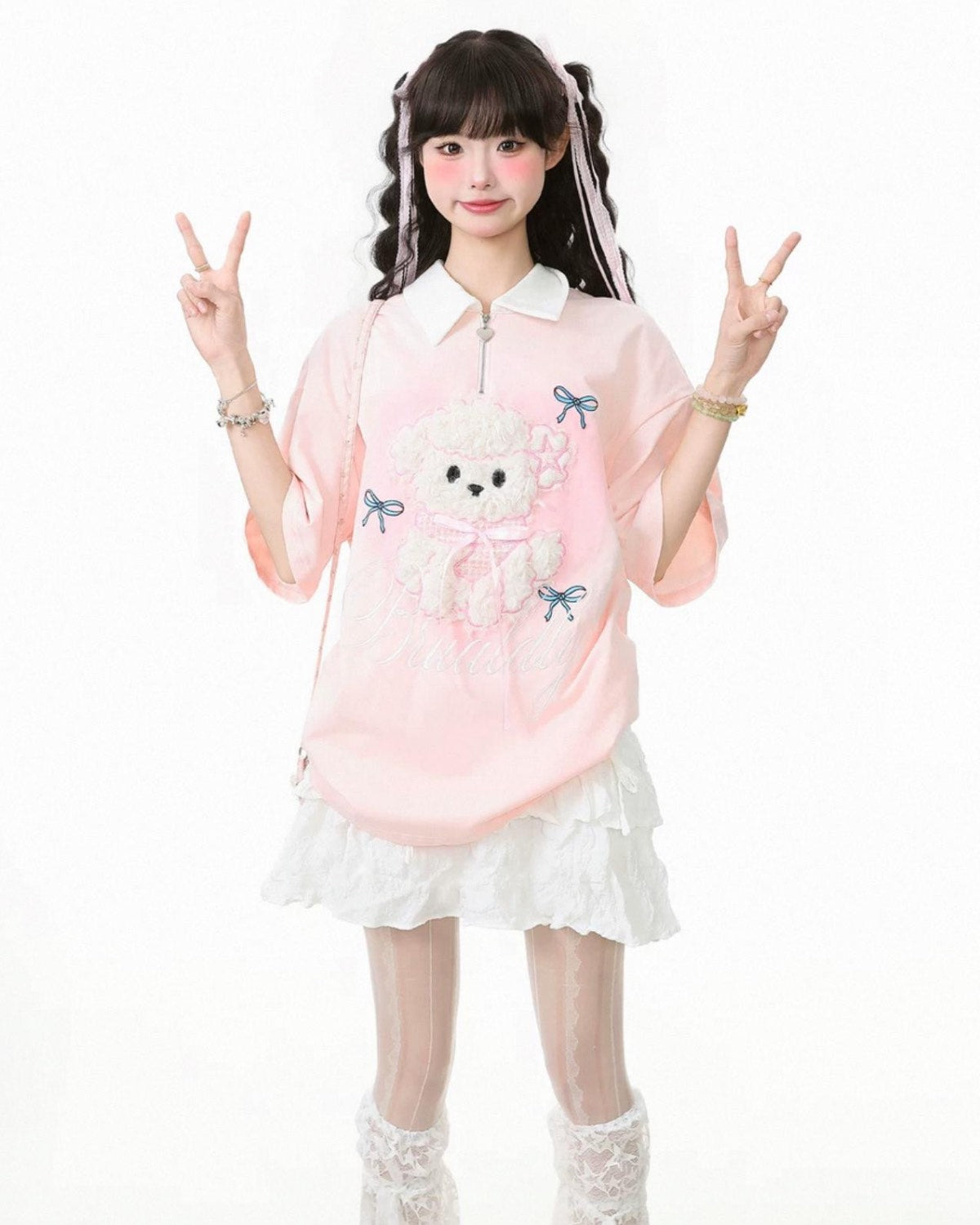 Fluffy Dog Polo Tee Pink On Model Peace Sign