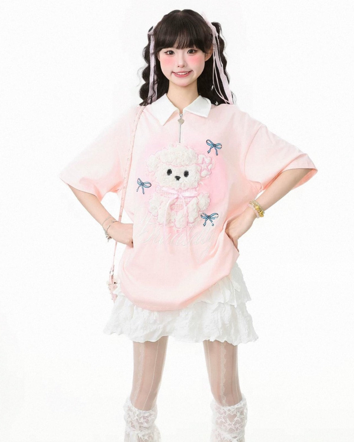 Fluffy Dog Polo Tee Pink On Model