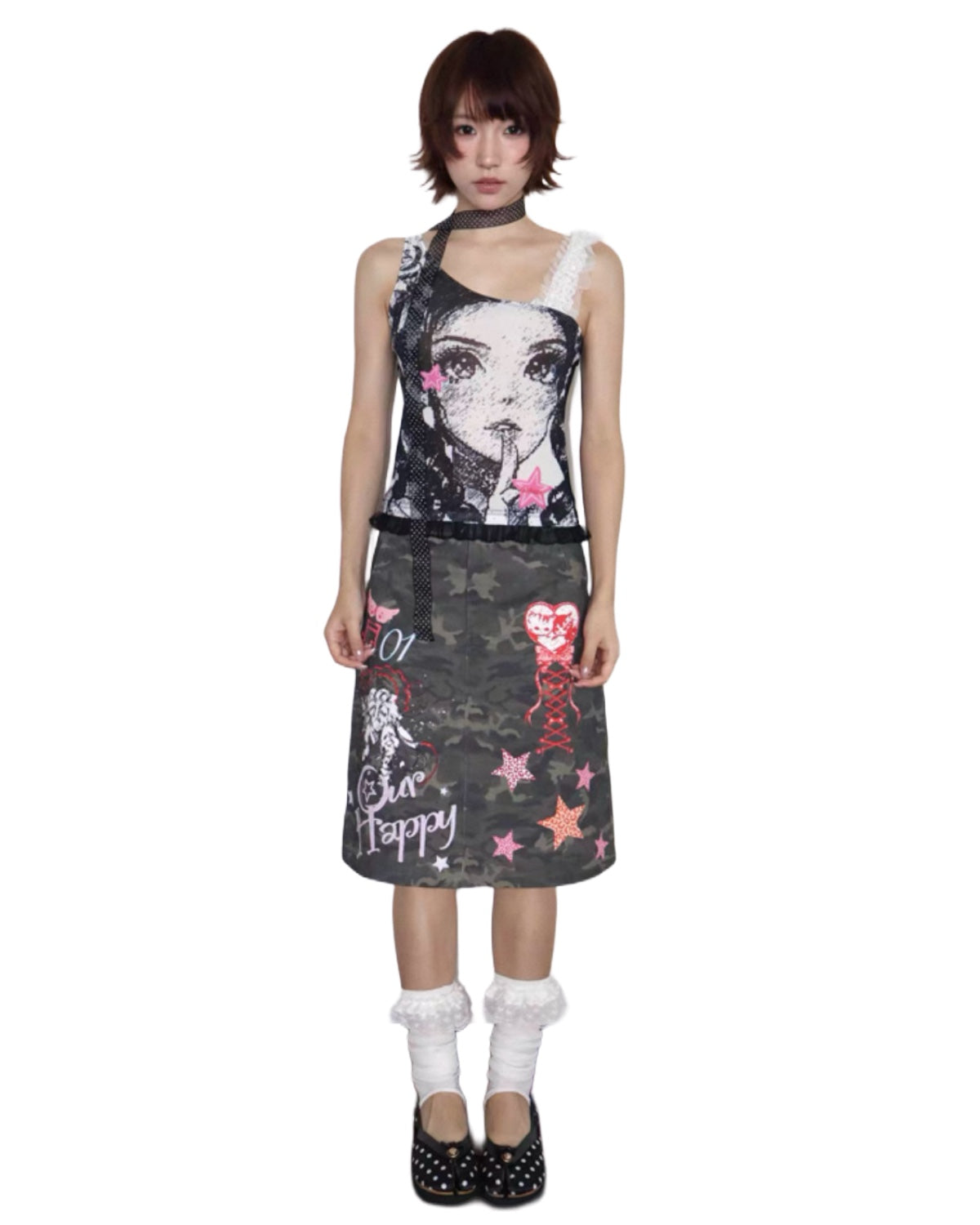 Person wearing a sleeveless dress with graphic design on a white background