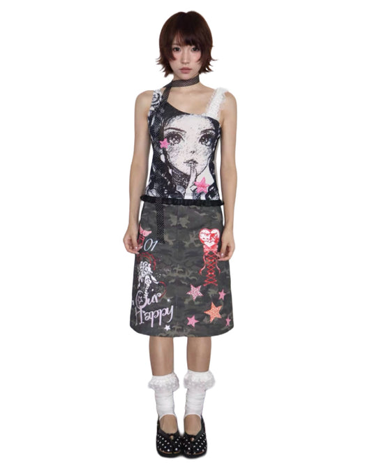 Person wearing a sleeveless dress with graphic design on a white background