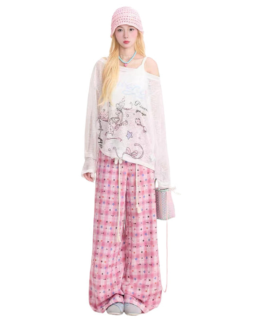 Harajuku Pink Plaid Pants White Backdrop