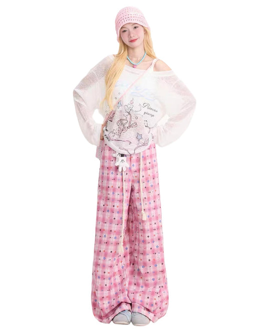 Harajuku Pink Plaid Pants On Model Hands On Hip