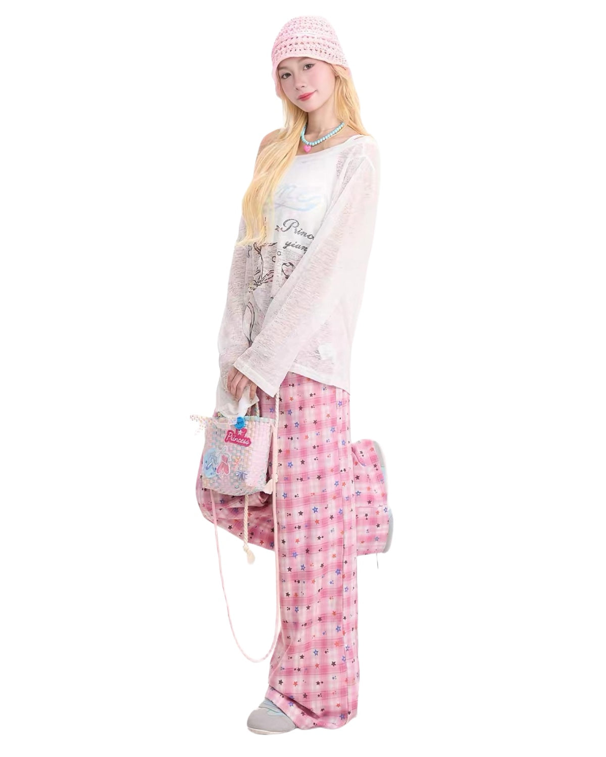 Harajuku Pink Plaid Pants On Model Side View