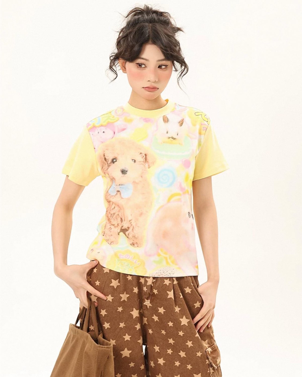 Harajuku Puppy Graphic T-Shirt Closer Up Posing