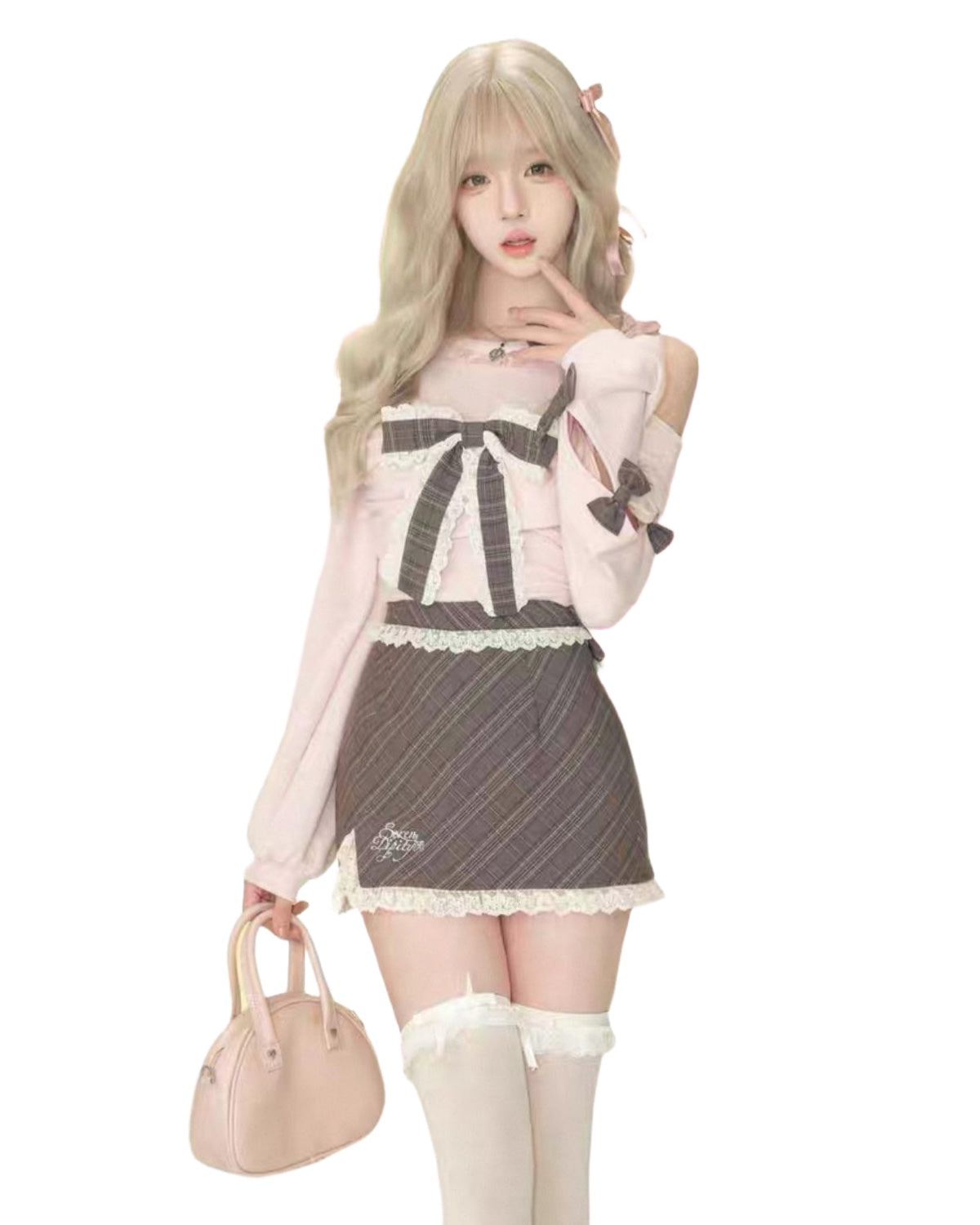 Kawaii Bow Knit & Skirt Set On Model Closer Up