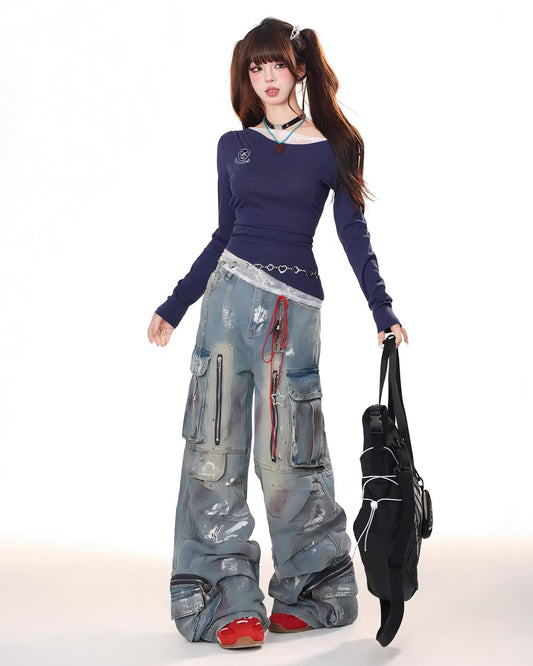 Lace Splice One-Shoulder Top On Model With Bag