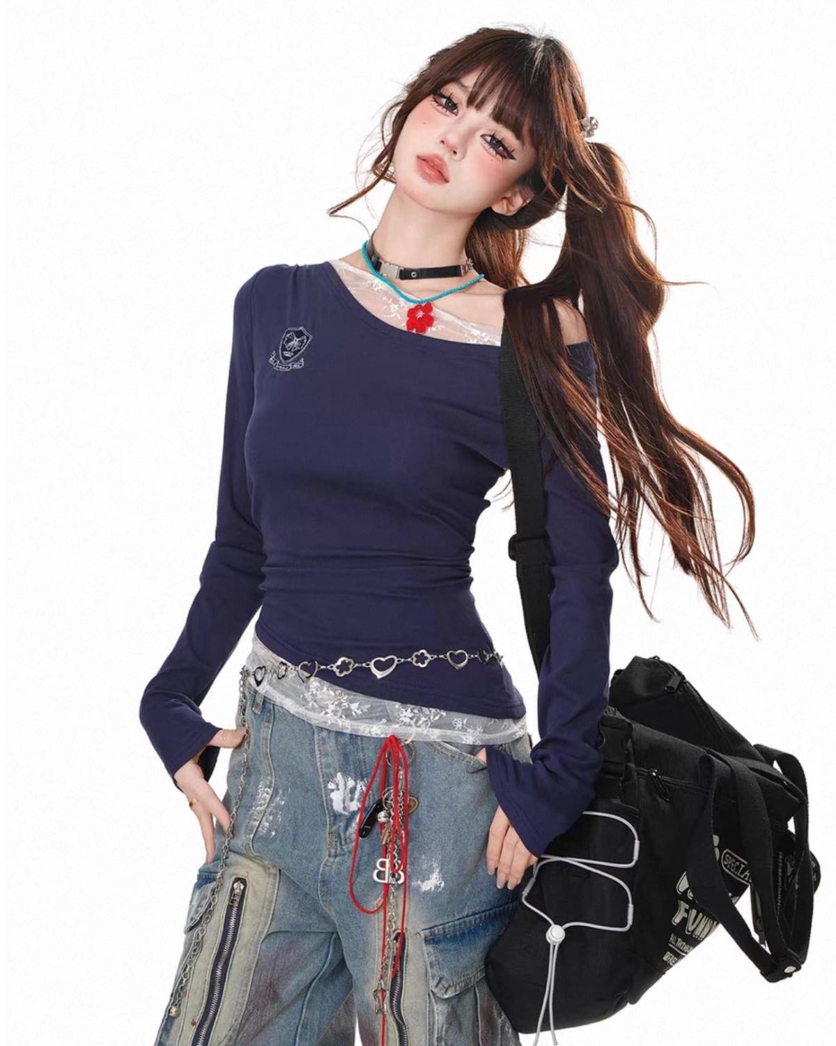 Lace Splice One-Shoulder Top On Model Close Up