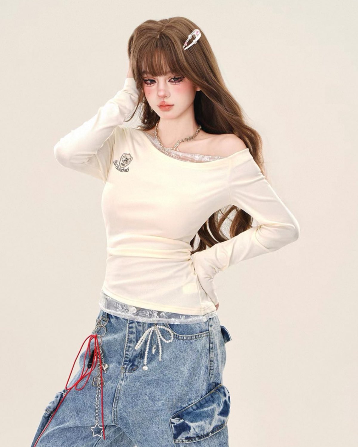 Cream Lace Splice One-Shoulder Top On Model Close Up