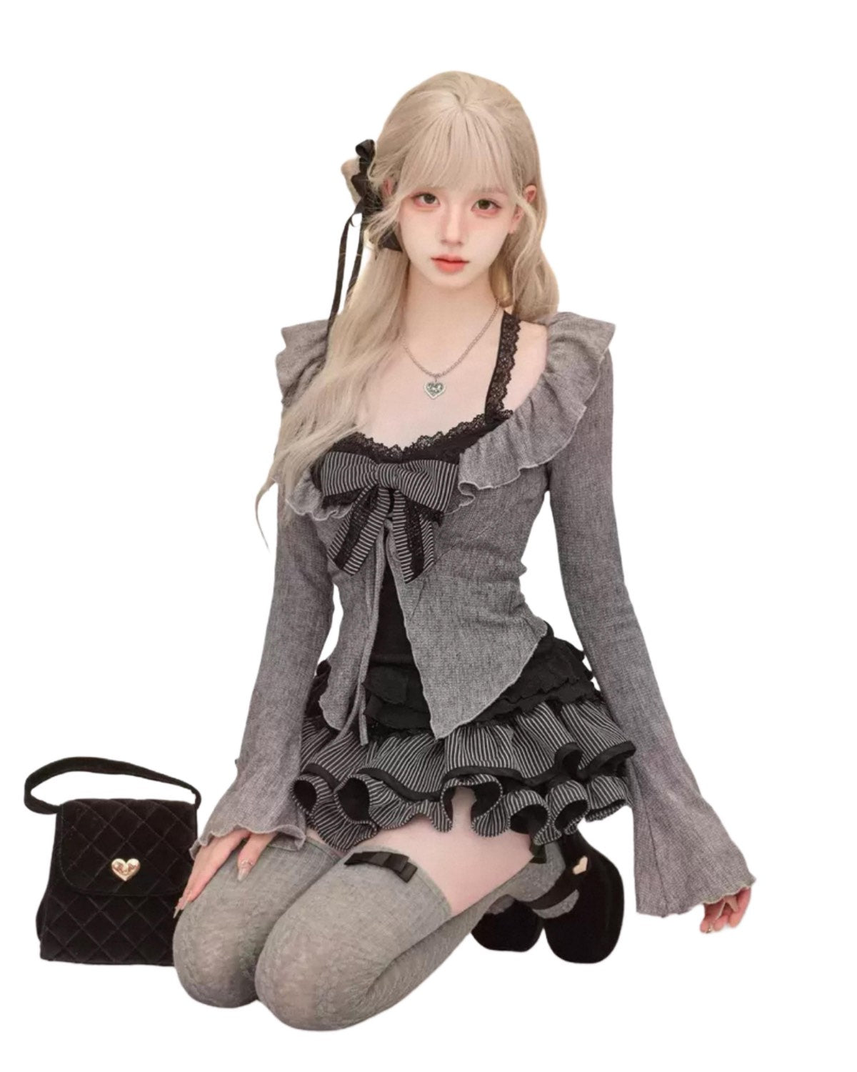 Lace Strap Shoujo Outfit Set On Model Kneeling