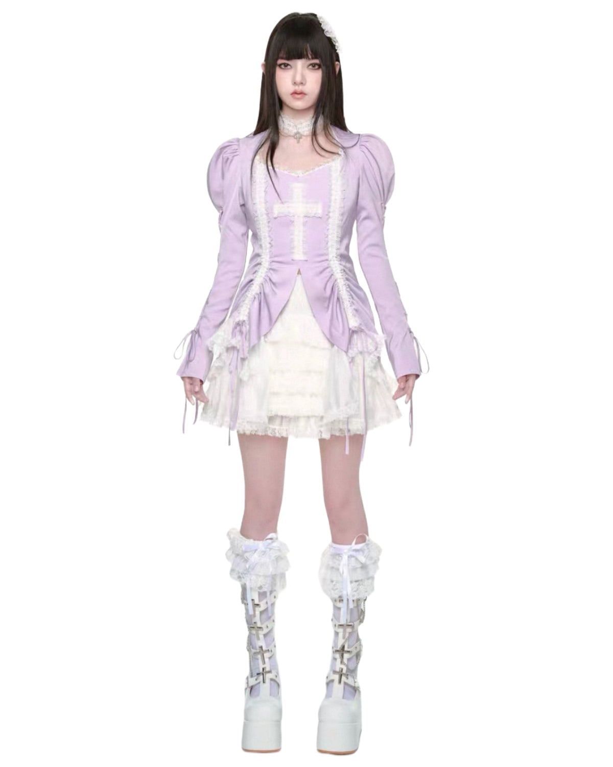 Person wearing a lavender Victorian-style outfit with a white skirt and boots on a white background