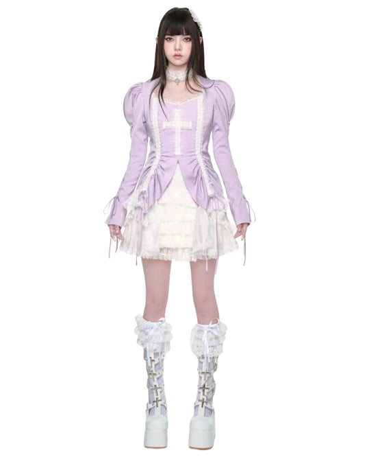 Person wearing a lavender Victorian-style outfit with a white skirt and boots on a white background