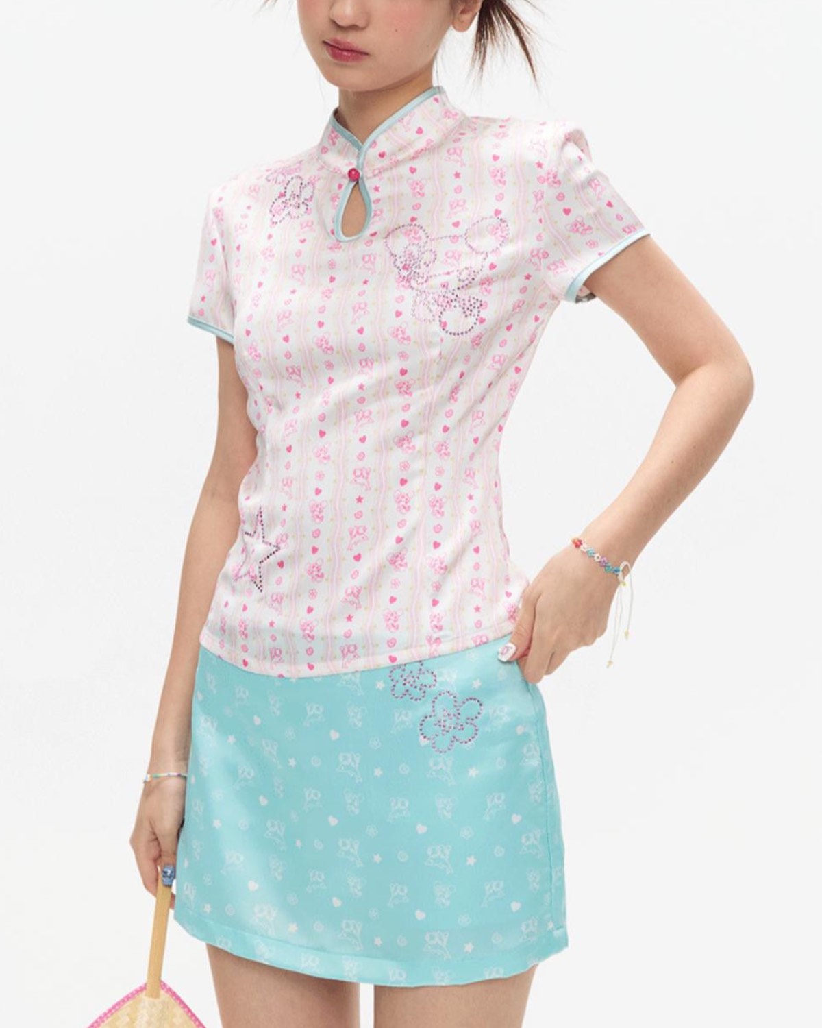Mint Green Chinese-Style Outfit Set On Model Closer up Quarter View