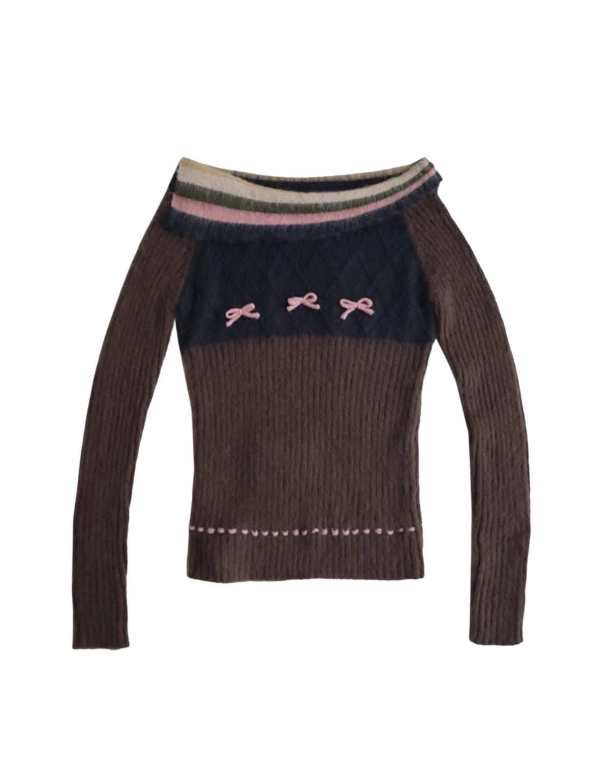 Brown sweater with pink bow details on a white background