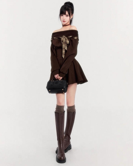 Off-Shoulder Mini Dress On Model With Bag