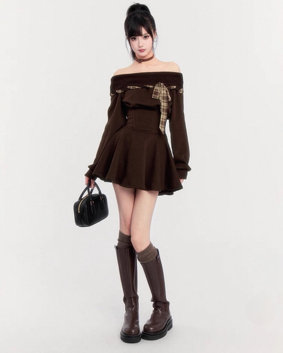 Off-Shoulder Mini Dress On Model Standing
