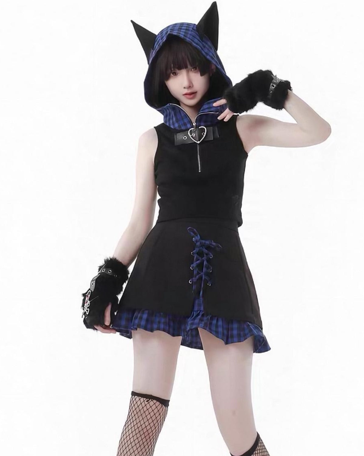 Patchwork Cat Ears Vest Hooded Closer Up