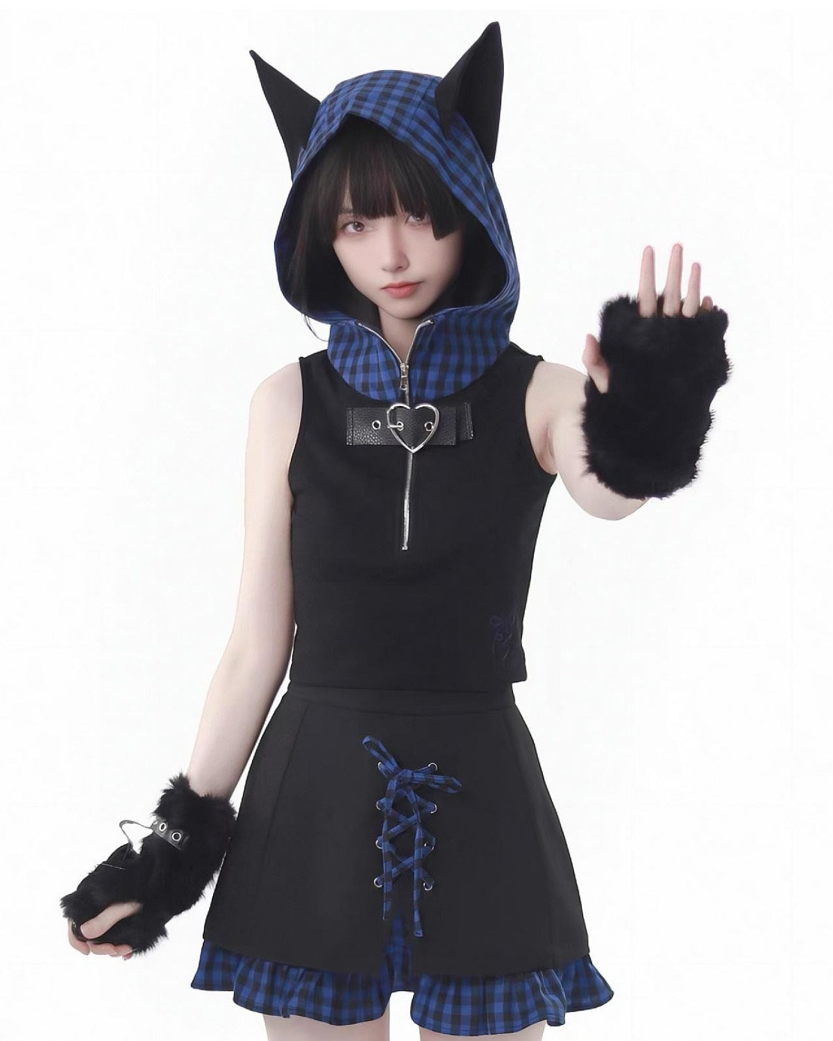 Patchwork Cat Ears Vest On Model Arm Out
