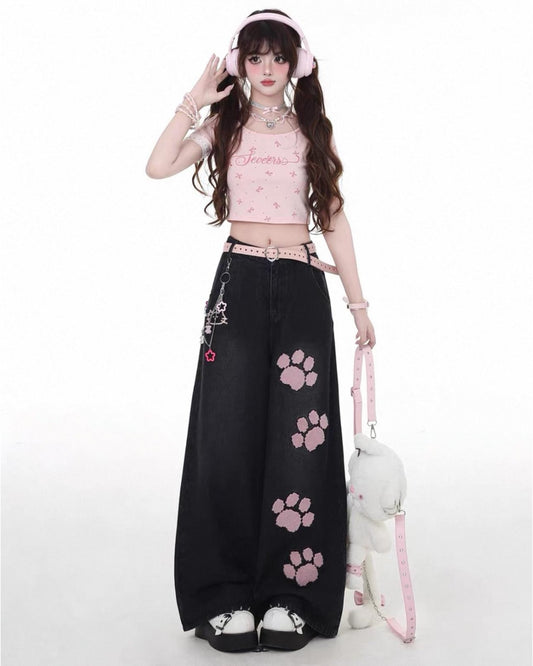 Paw Embroidered Wide-Leg Jeans On Model Arm Up