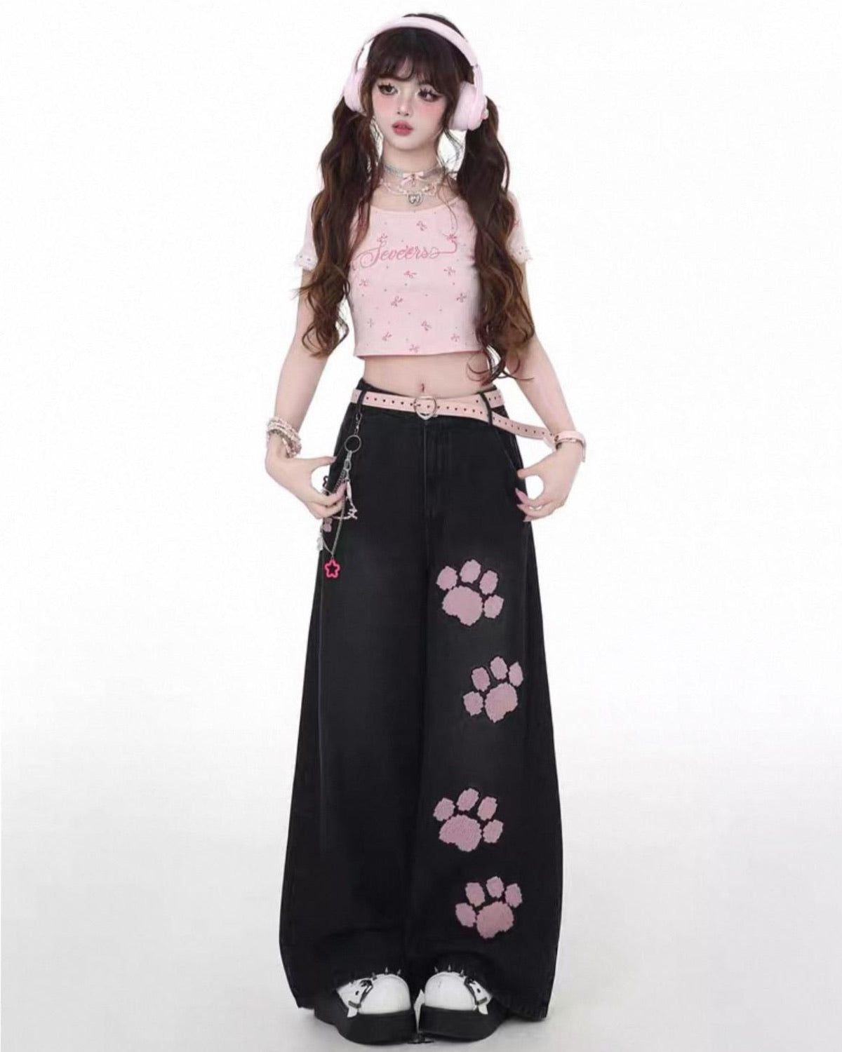 Paw Embroidered Wide-Leg Jeans On Model Front View