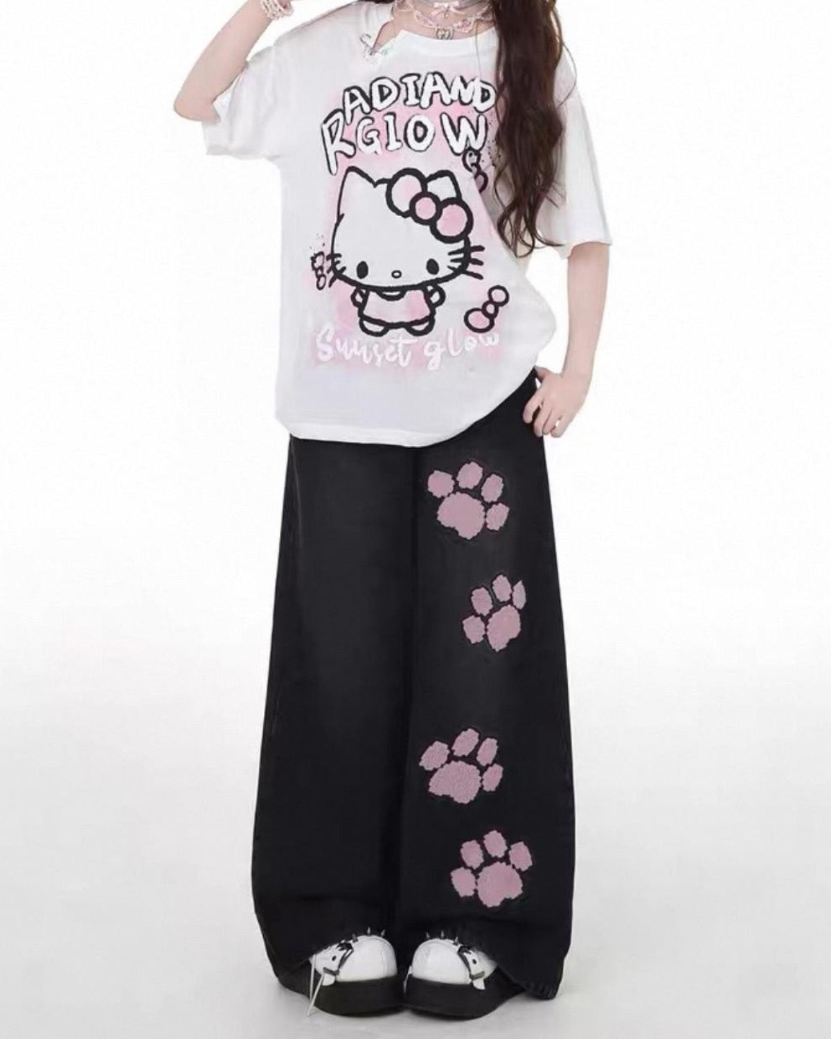 Paw Embroidered Wide-Leg Jeans With White Shirt