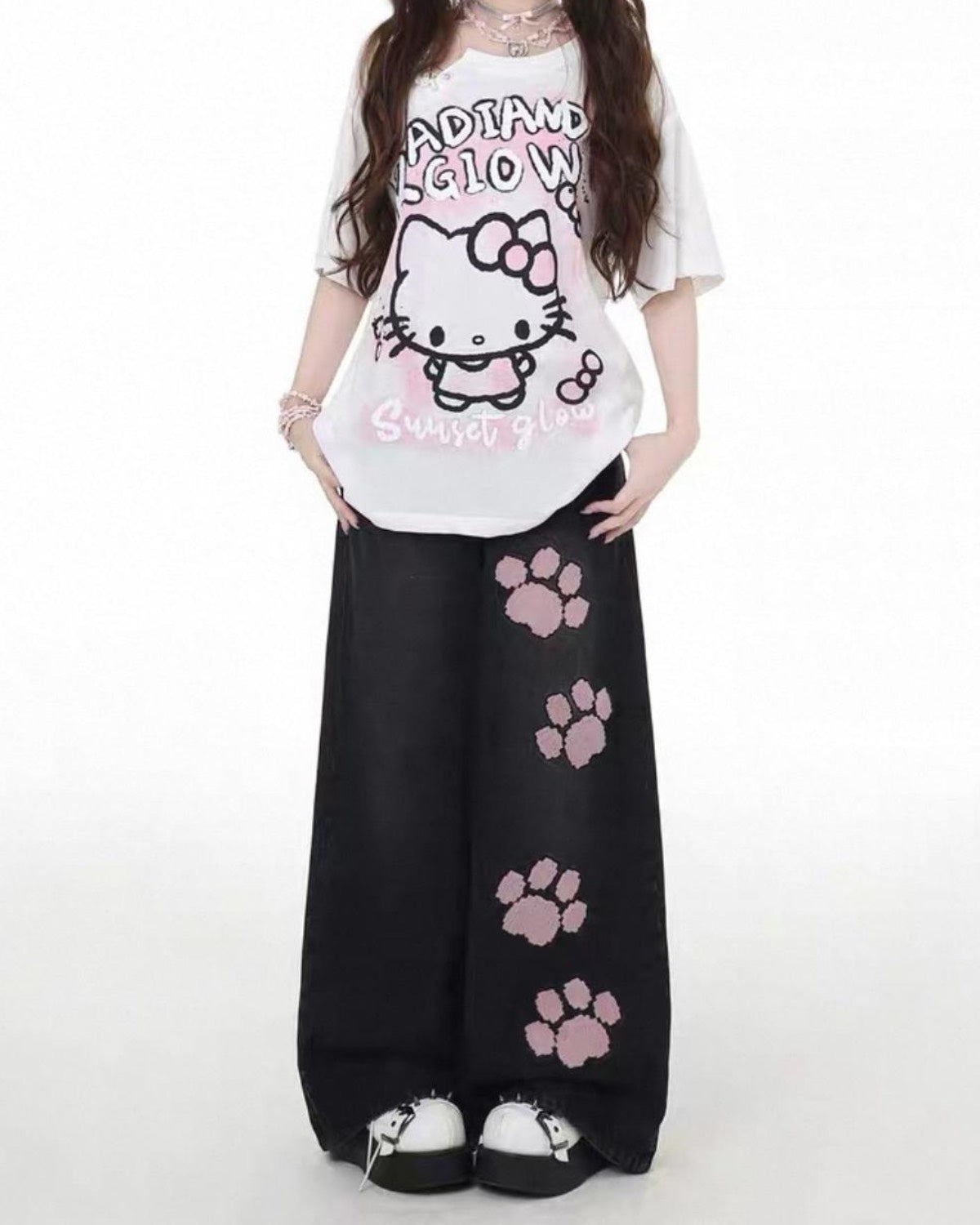 Paw Embroidered Wide-Leg Jeans With White Shirt Close Up
