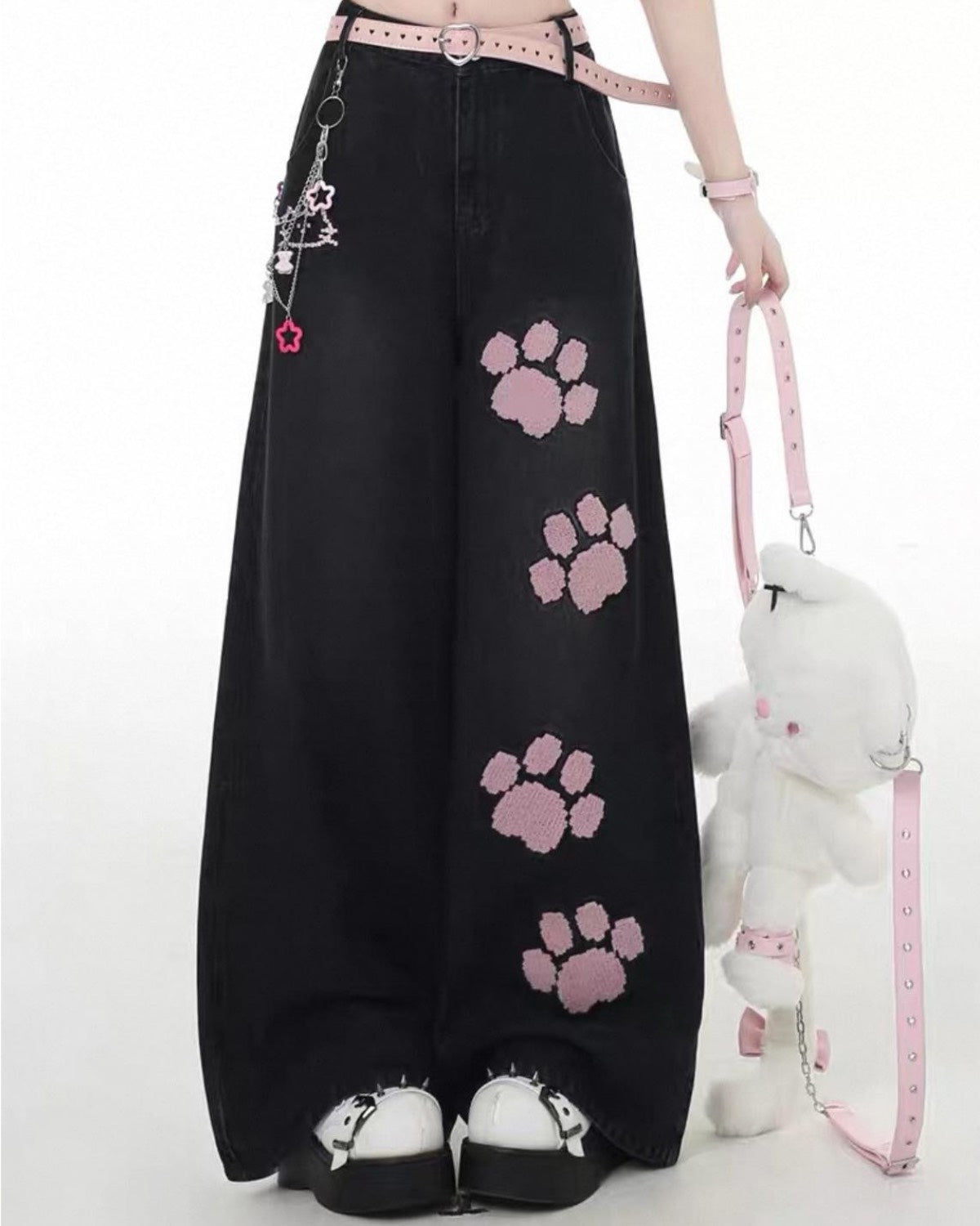 Paw Embroidered Wide-Leg Jeans Close Up