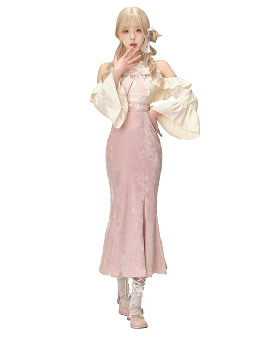 Pink Fishtail Gown Set White Backdrop
