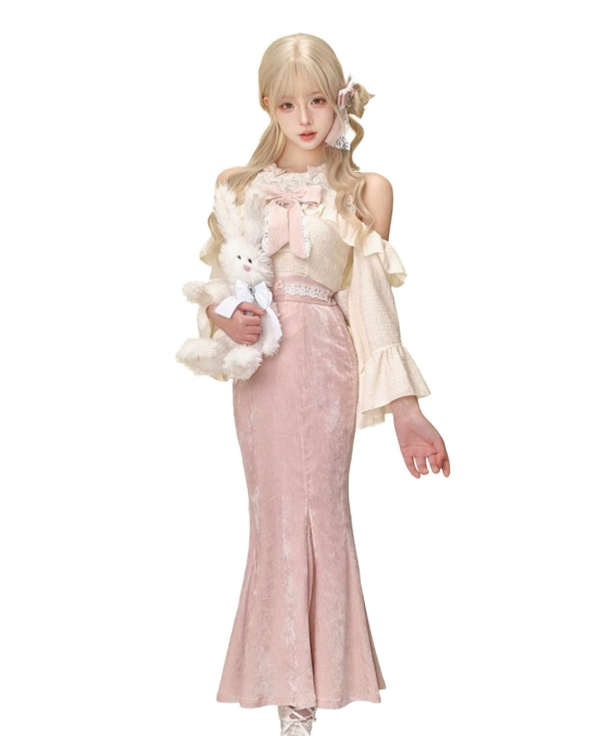 Pink Fishtail Gown Set Closer Up